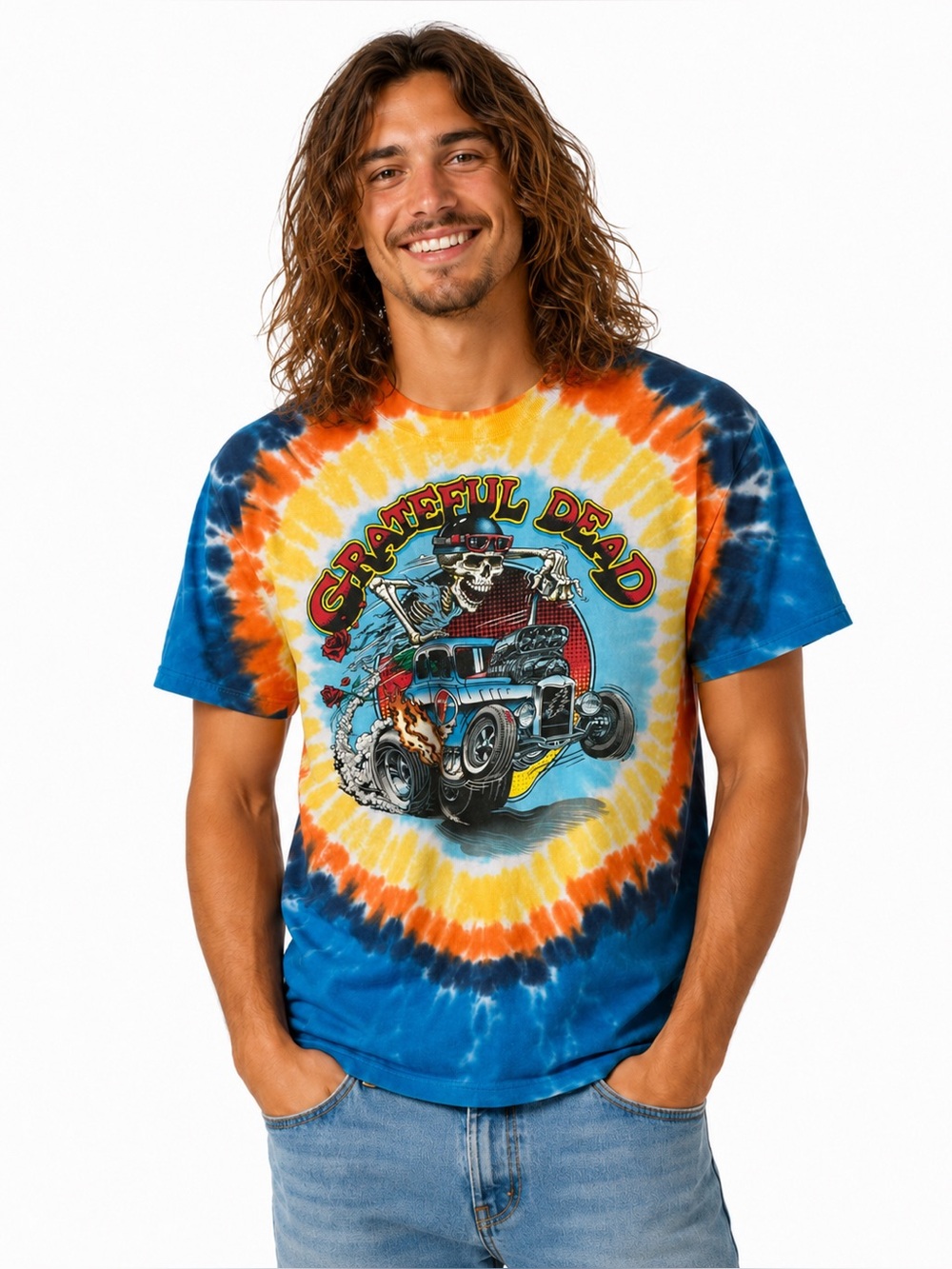 Grateful Dead Liquid Blue Tie Dye Skeleton Hot Rod T Shirt Vintage Style Medium